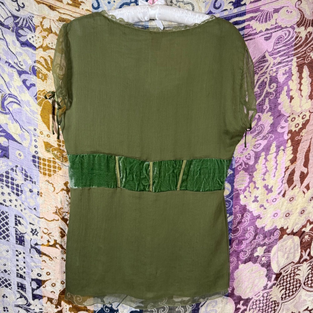 Silk Green Velvet Lace Up Corset Renfair Goth Fairy Babydoll Blouse Size XL - Picture 6 of 14